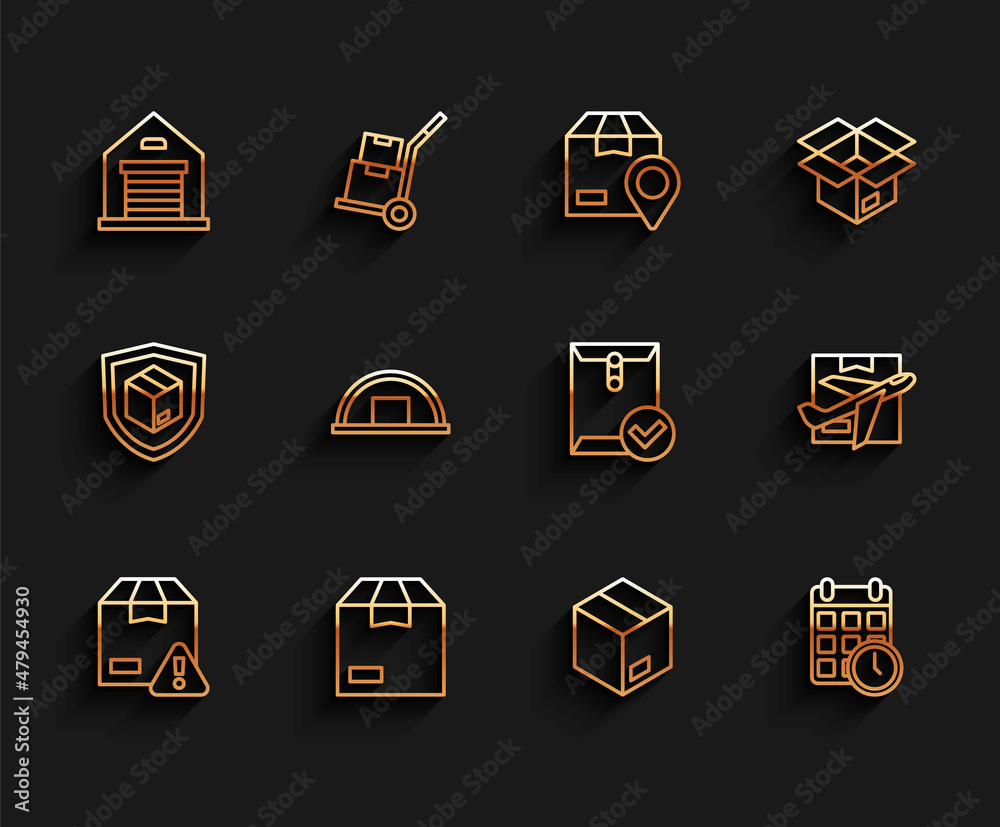 Set line Delivery security with shield, Carton cardboard box, Warehouse, Cardboard calendar, Plane and and Envelope check mark icon. Vector Set line Delivery security with shield, Carton cardboard box, Warehouse, Cardboard calendar, Plane and and Envelope check mark icon. Vector