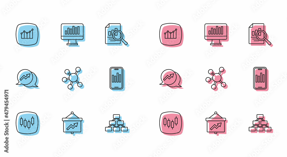 Set line Browser with stocks market, Board graph, Financial growth, Hierarchy organogram, Project team base, Mobile, and Monitor chart icon. Vector Set line Browser with stocks market, Board graph, Financial growth, Hierarchy organogram, Project team base, Mobile, and Monitor chart icon. Vector
