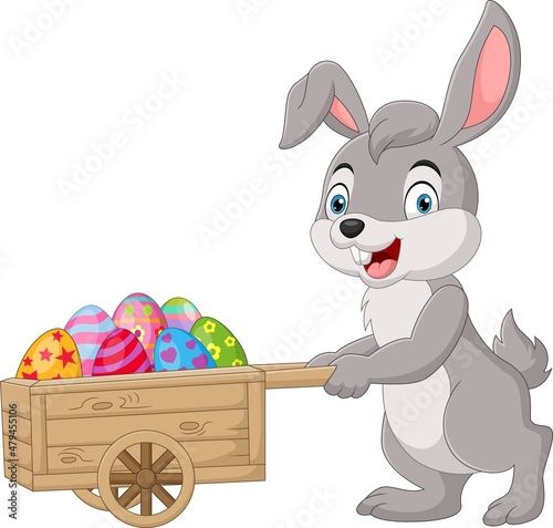 Cartoon rabbit pushing cart full of Easter eggs