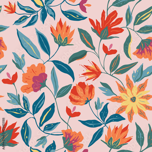 Elegant floral tropical pattern in small hand drawn flowers. Floral seamless background for fashion prints. Vintage print. Seamless vector texture. Spring bouquet.