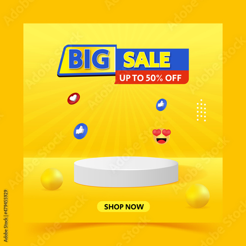 big sale discount banner with empty podium emoji icon showing social media instagram post template on yellow background
