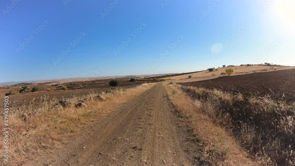 Via de la Plata, a dirt road on a summer landscape halfway between Monesterio and Fuente de Cantos, province of Badajoz, Extremadura, Spain - dolly forward Via de la Plata, a dirt road on a summer landscape halfway between Monesterio and Fuente de Cantos, province of Badajoz, Extremadura, Spain - dolly forward