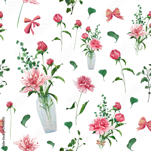 Seamless pattern with peonies, bouquet of peonies and eucalypts, bows and leaves. Blooming flowers. Watercolor floral illustration for fabric and textile, wrapping paper, wedding and Valentine's Day.