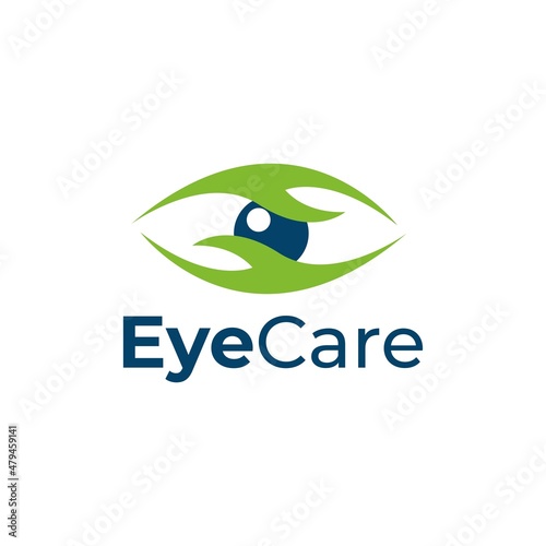 Eye Care logo design concept, Combination of Eyeball Vision Lens Retina with hand for, Optical Optic Clinic, Oculist, Ophthalmologist, Optician logo design