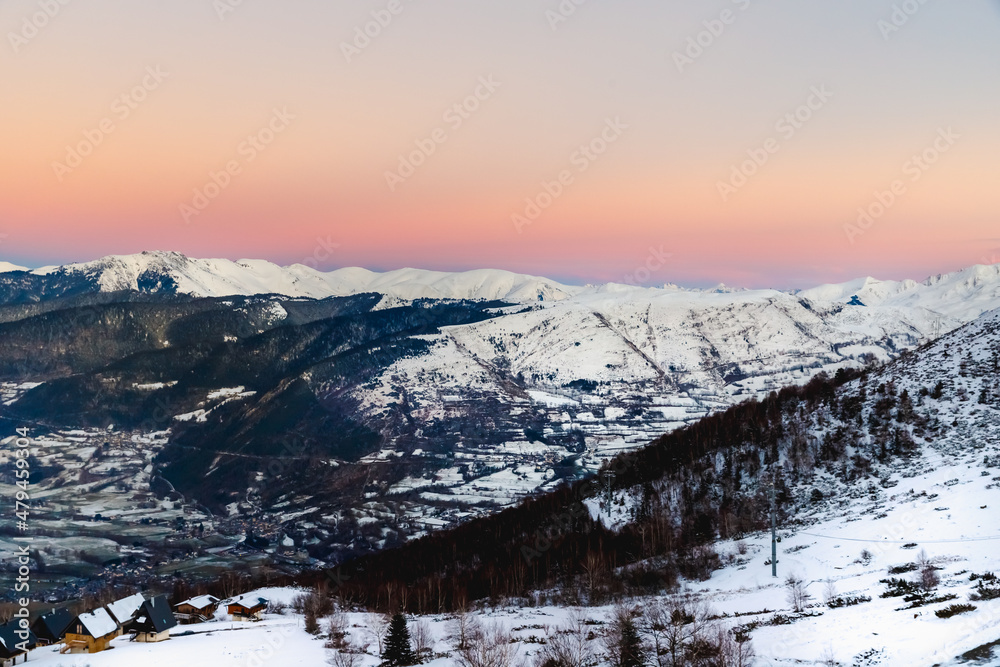 view of the mountains of Saint Lary Soulan under the snow in winter