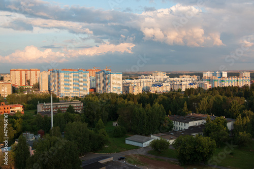 provincial city of Russia with high-rise buildings in the evening