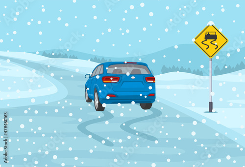 Safety car driving at winter season. Blue suv car is reaching the icy road. Slippery, wet roadway warning sign. Flat vector illustration template.