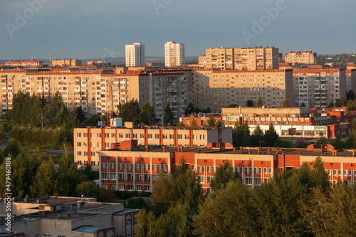 provincial city of Russia with high-rise buildings in the evening