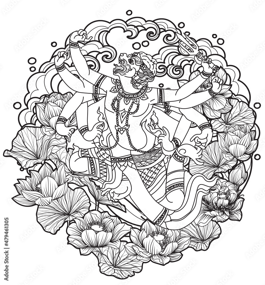 Tattoo art thai monkey pattern literature hand drawing and sketch black and white
