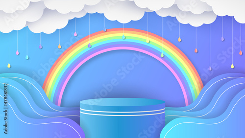 Circular stage podium season decorated with clouds, rainbow and blank space. Summer season backdrop. paper cut and craft style. vector, illustration.