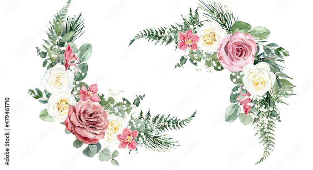 Watercolor floral bouquet with white, dusty pink roses, eucalyptus, flowers, orchids, green leaves. For invitations, backgrounds, wedding sets, fashion, scrapbooking, digital paper.