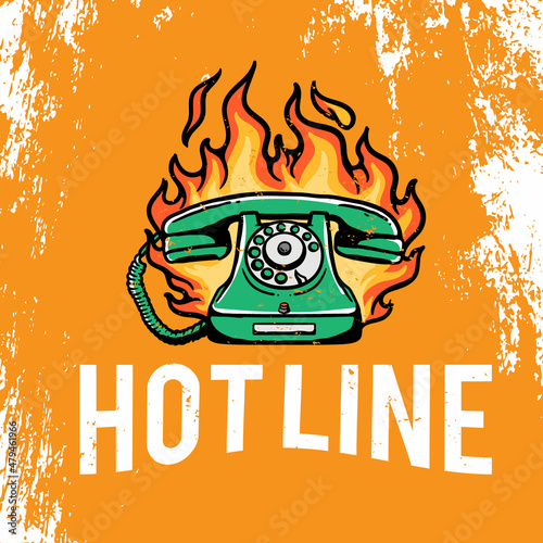 Hotline burning telephone illustration in vintage style
