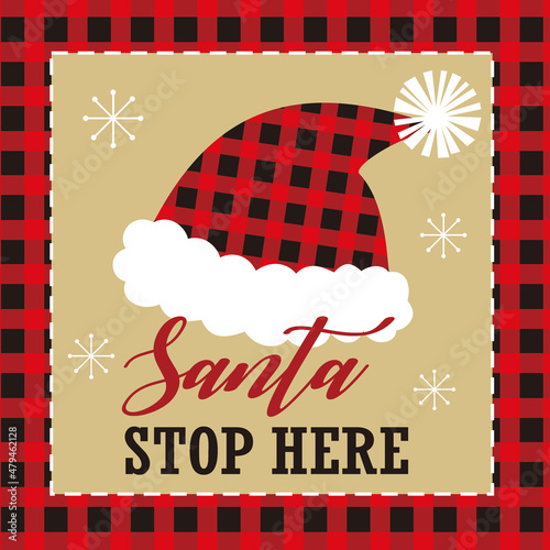 christmas greeting card with santa hat and buffalo plaid