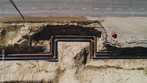 Replacement of heating pipes. Installation of new heating equipment. The view from the top