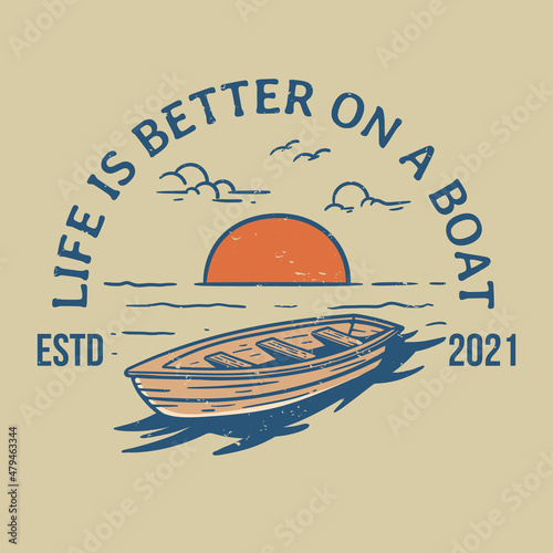 wooden ship logo in the middle of the ocean at sunset in vintage style