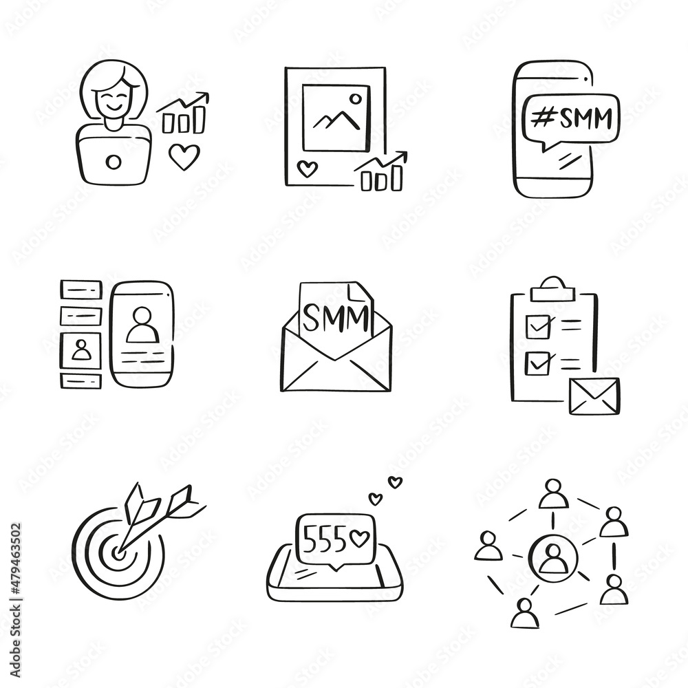 SMM social media marketing and content management related icons. Hand-drawn sketch icons