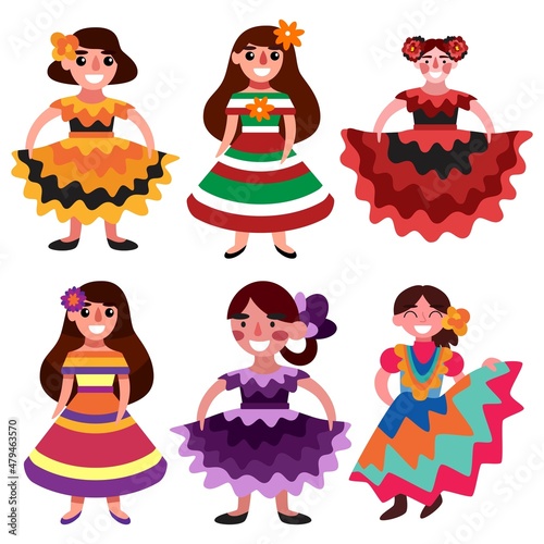 Six happy hispanic girls white isolated vector illustration. Young Mexican women in traditional dresses set vector. Smiling cartoon characters in long colorful clothes and flowers in hair set