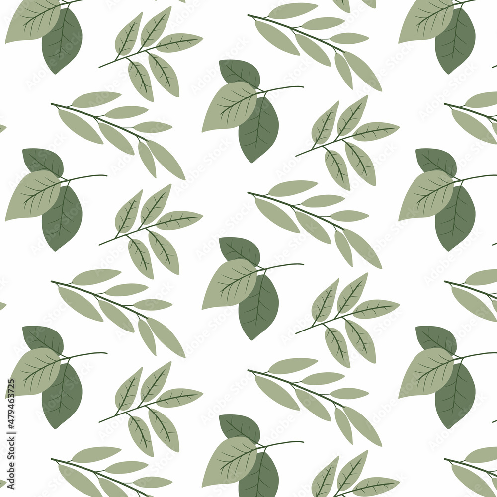 Vector seamless pattern with tree branches. Pattern with green leaves.
