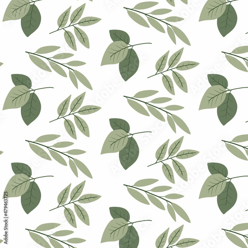 Vector seamless pattern with tree branches. Pattern with green leaves.