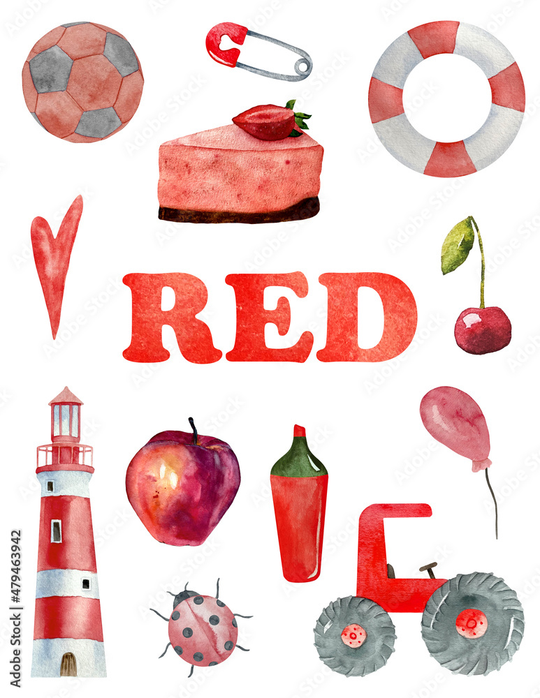 Watercolor red color objects for learning kids. Things that are red