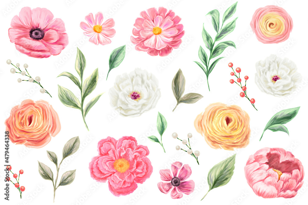Spring pink, white, yellow flowers and leaves. Roses, peonies. Set of isolated botanical elements for design.