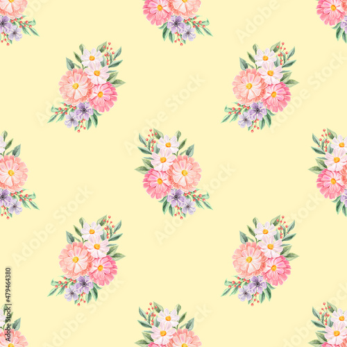 Spring flowers seamless pattern. Botanical background. Arrangement of pink and white wildflowers.