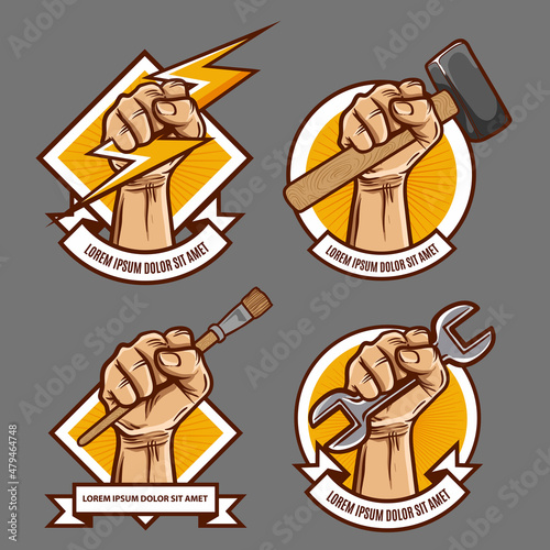 hand with thunder and hammer badge logo collection set