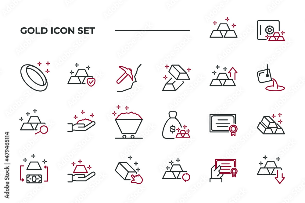 simple set of Gold vector icons with editable line styles covering gold ...