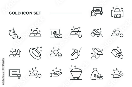 simple set of Gold vector icons with editable line styles covering gold mine, ring, certificate and other. isolated on white background. 