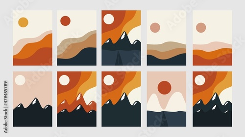 	
Collection of rectangular abstract landscapes. Sun, mountains, waves. Modern layouts, fashionable colors. Layouts for social networks, banners, posters. vector 