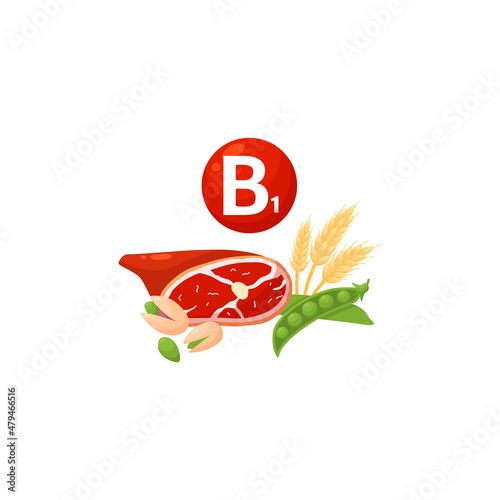 Vitamin B1 shining red capsule or pill realistic vector illustration. Supplements and food rich in vitamin b.