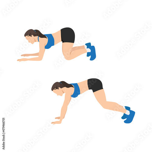 Woman doing knee and elbow press up exercise. Flat vector illustration isolated on white background