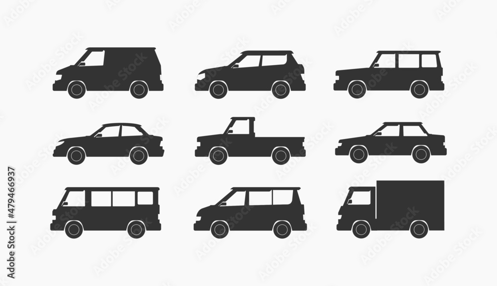 Car Type Icon Set. Black vector illustration isolated on a white background