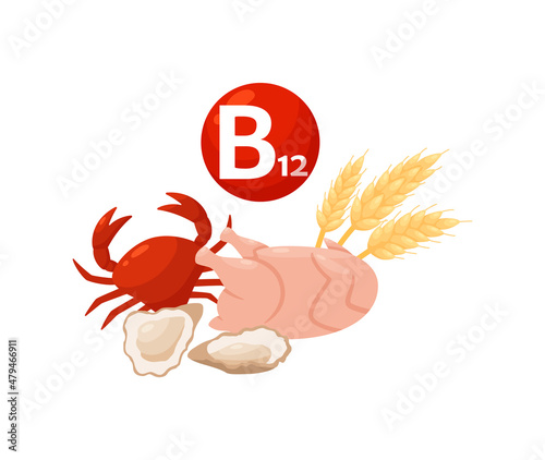 Vitamin B12 is found in seafood, cereals, chicken. Vitamin complex in pill