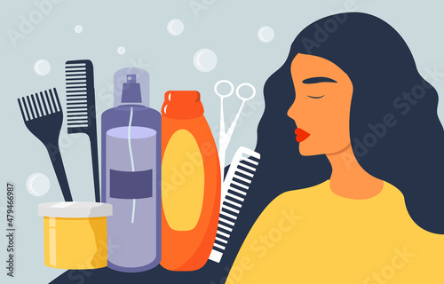 vector flat style illustration on the theme of hair care, barbershop, beauty salon. girl with long hair, hair styling products and tools