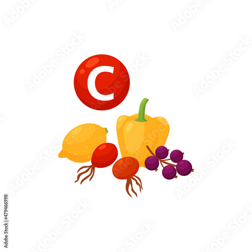 Vitamin C containing foods, ascorbic acid in fruits, vegetables in flat vector photo