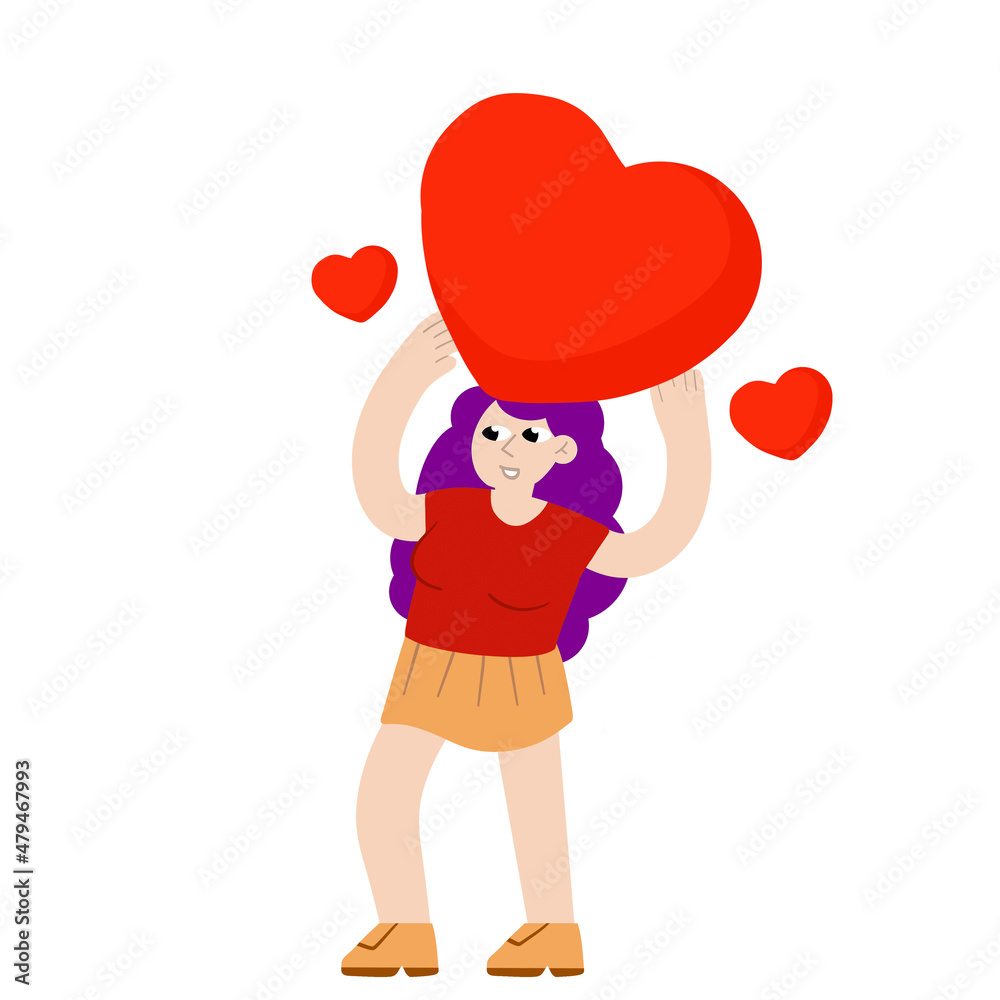 Woman stand with heart. Young female character. Romance and love. Woman stand with heart. Young female character. Romance and love.