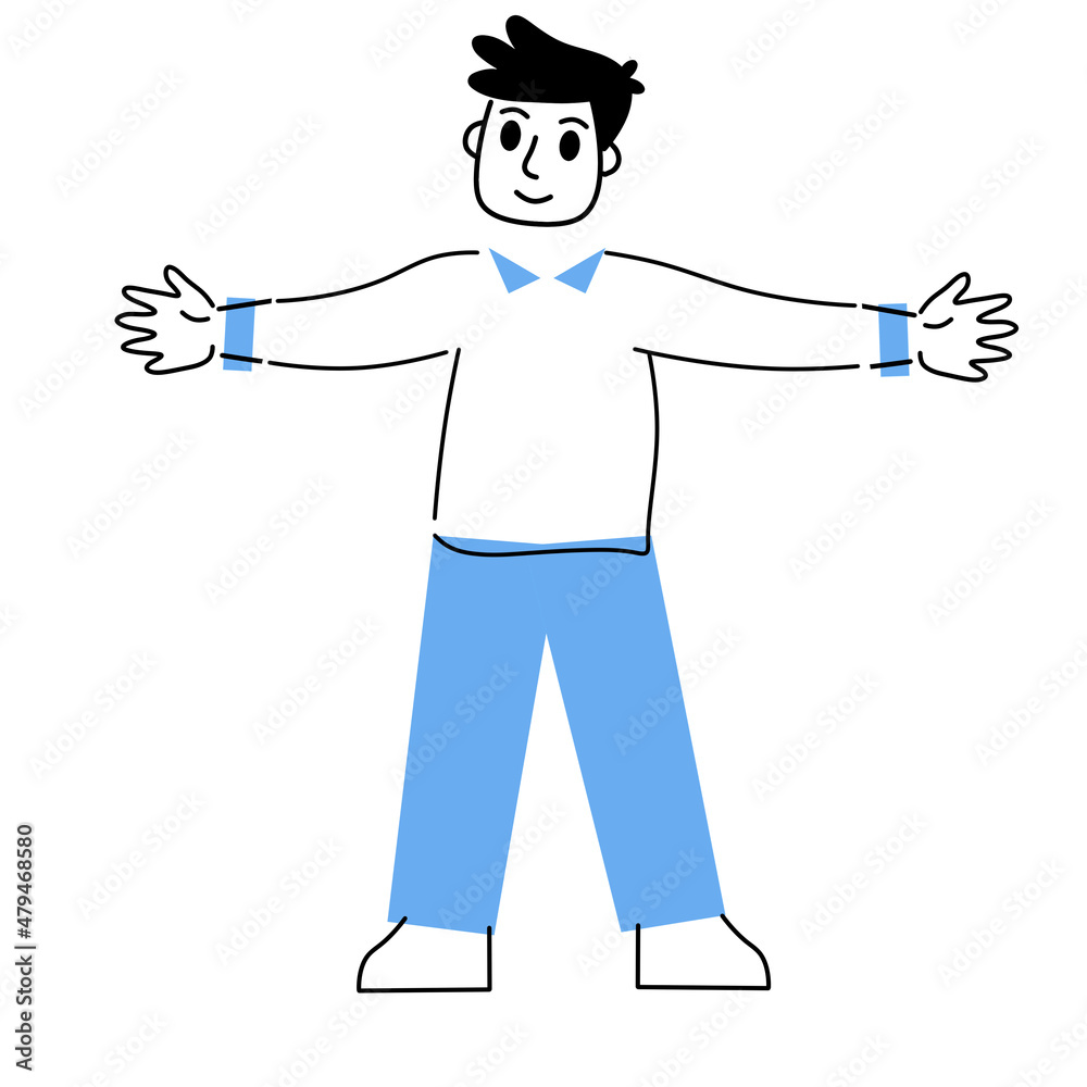 Man spread arms. Gesture of greeting. Man shows large size.