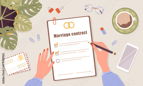 Marriage contract. Woman signs prenuptial agreement document. Prenup wedding certificate. Couple divorce concept. Top-down view. Vector illustration in flat cartoon style.