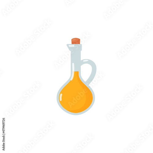 Extra virgin olive oil glass bottle. Plant oil in glass jar or little jug, corked. Cartoon vector illustration.