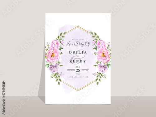 Wedding invitation card template with elegant flowers and leaves watercolor