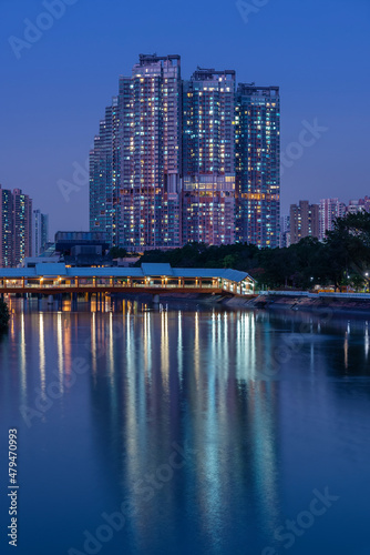Photography High rise residential building in Hong Kong city at night