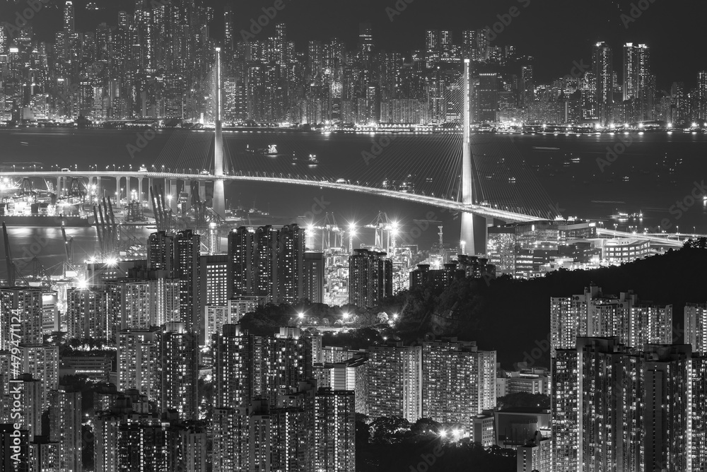 Night scenery of aerial view of Hong Kong city