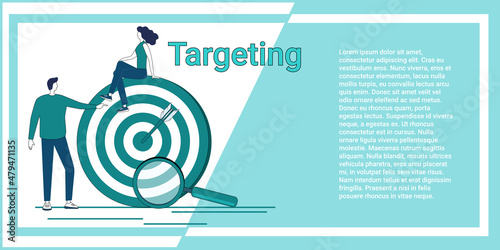 Targeting.Goal search and business analytics.People on the background of a large target and a magnifying glass.An illustration in the style of a green landing page.