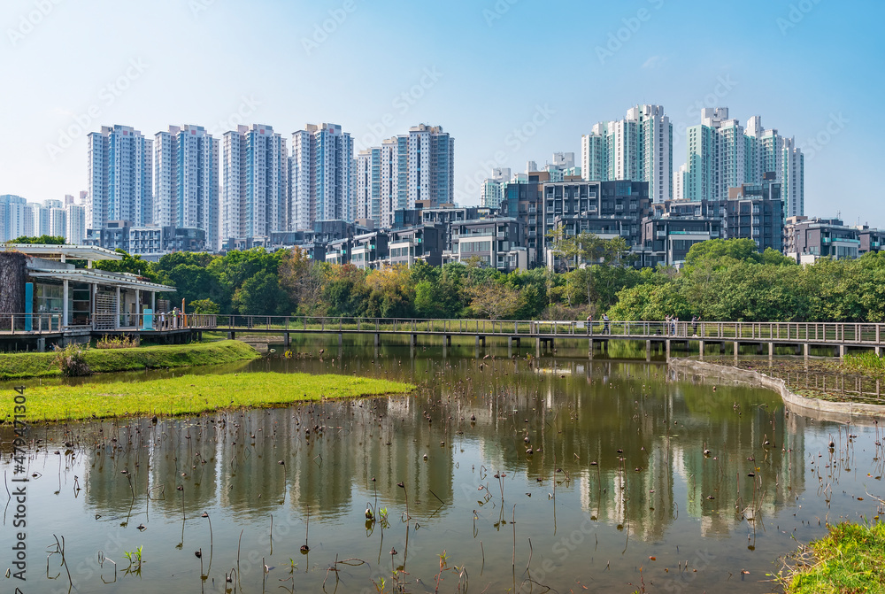 High rise residential building and Hong Kong Wetland Park