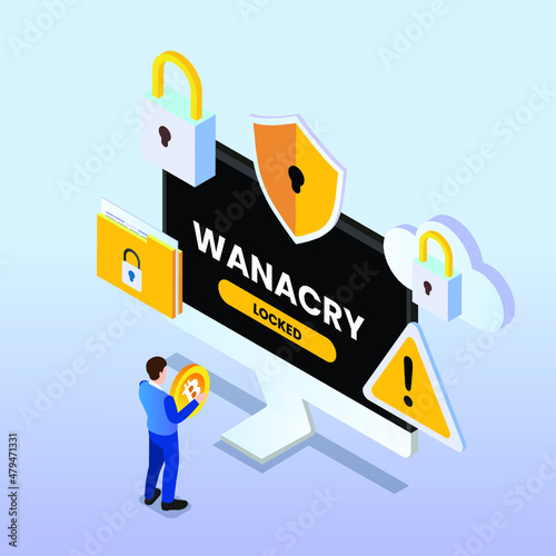 Wanacry computer security isometric 3d vector concept for banner, website, illustration, landing page, flyer, etc.