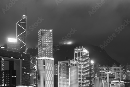 Photography Night scene of High rise office building and skyline of Hong Kong city