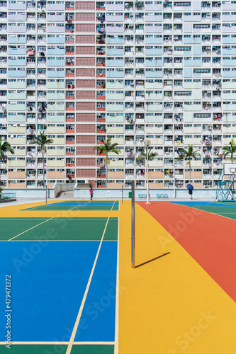 playground and high rise residential building in public estate in Hong Kong city