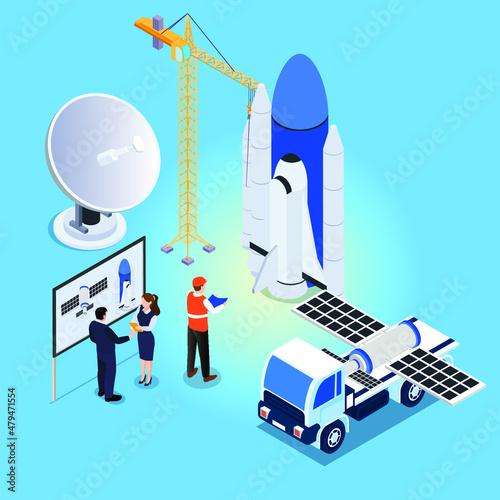 Rocket launch site isometric 3d vector concept for banner, website, illustration, landing page, flyer, etc.