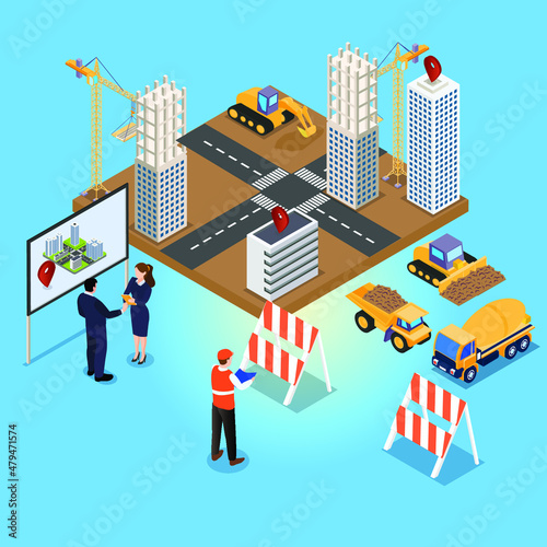 Construction place in the city isometric 3d vector concept. Street buildings and unfinished apartment, bricks, builders, crane, van, architecture plan
